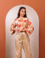 Beige and Red Floral Crop Top with Trousers