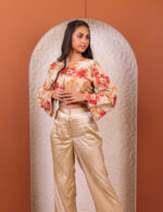 Beige and Red Floral Crop Top with Trousers - Image 2