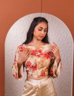 Beige and Red Floral Crop Top with Trousers - Image 3