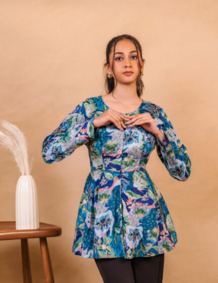 ⁠Blue Floral Peplum Top