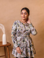 Grey & Green Floral Print Peplum Top