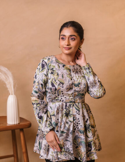 Grey & Green Floral Print Peplum Top