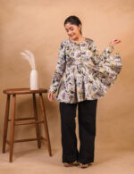 Grey & Green Floral Print Peplum Top - Image 5