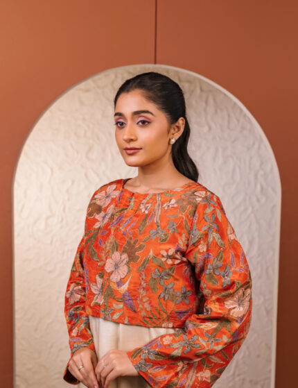 ⁠Ivory Midi Dress with Rust Floral Crop Jacket