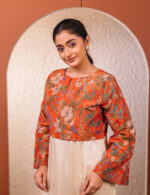 ⁠Ivory Midi Dress with Rust Floral Crop Jacket - Image 2