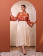 ⁠Ivory Midi Dress with Rust Floral Crop Jacket - Image 4