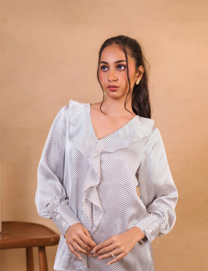 Monochrome Polka Dot Ruffle Blouse