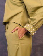 Olive Green Co-ord with Pearl Sleeve Detail - Image 3