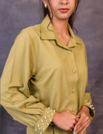 Olive Green Co-ord with Pearl Sleeve Detail - Image 4