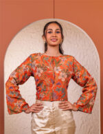 ⁠Rust Floral Crop Jacket with Ivory Satin Pants