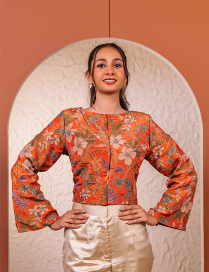 ⁠Rust Floral Crop Jacket with Ivory Satin Pants