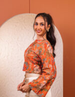 ⁠Rust Floral Crop Jacket with Ivory Satin Pants - Image 2