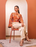⁠Rust Floral Crop Jacket with Ivory Satin Pants - Image 3