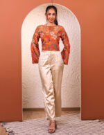 ⁠Rust Floral Crop Jacket with Ivory Satin Pants - Image 4
