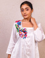 White Satin Co-ord with Multicolor Floral Embroidery