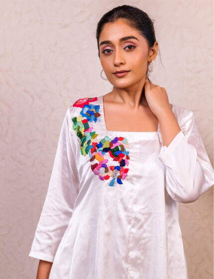 White Satin Co-ord with Multicolor Floral Embroidery