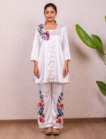 White Satin Co-ord with Multicolor Floral Embroidery - Image 5