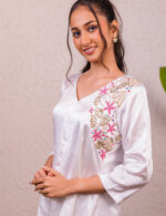 White Satin Co-ord with Pink Floral Embroidery