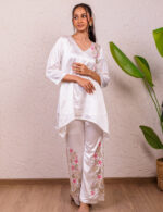 White Satin Co-ord with Pink Floral Embroidery - Image 3