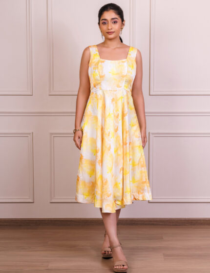 Yellow & White Sleeveless Midi Dress