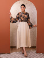 ⁠Ivory Midi Dress with Black Floral Crop Jacket