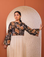 ⁠Ivory Midi Dress with Black Floral Crop Jacket - Image 2
